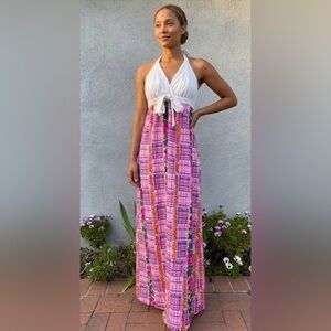 Vintage 1970s Holly Vibrant Pink Floral Plaid Maxi Halter Dress Sz S